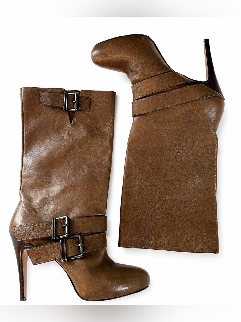 Vintage Y2K Kalliste Women's Brown Leather High-Heel Mid-Calf Boots-39, 8.5